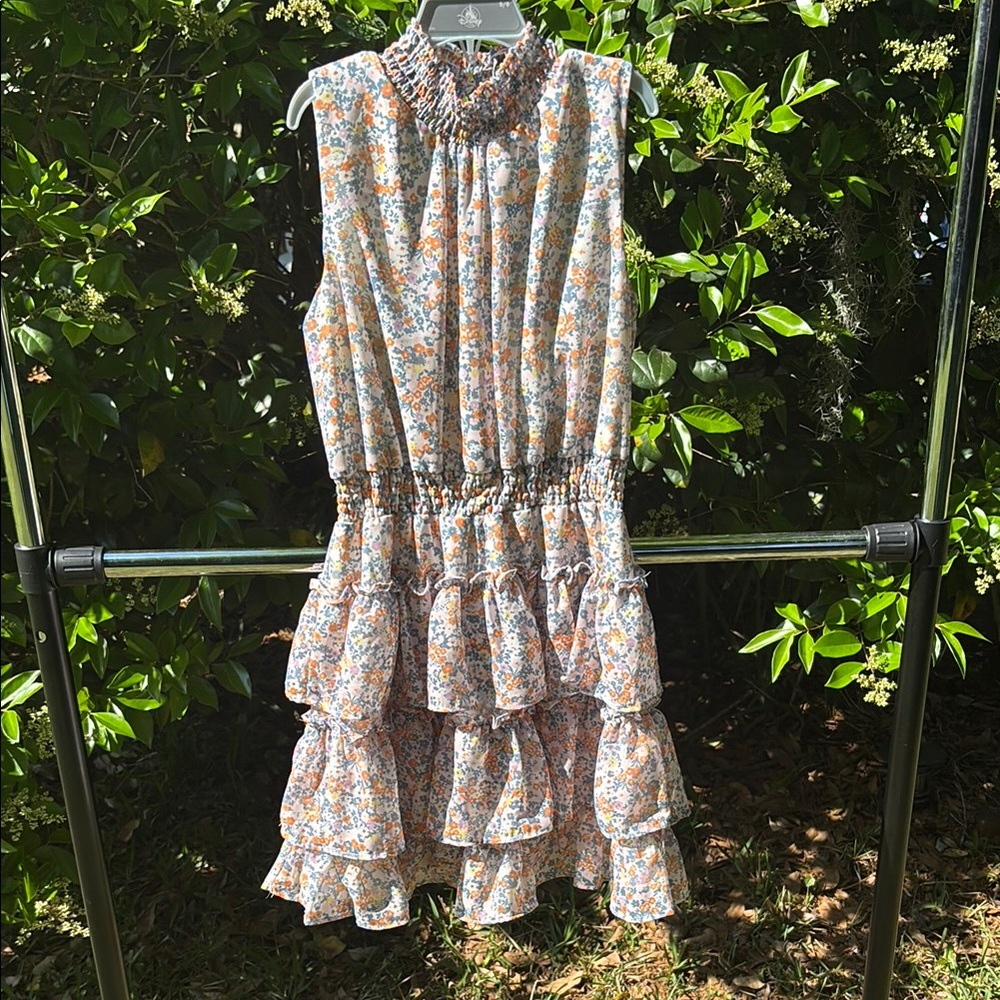 Blue and Orange Ruffled Tiered Sundress with Mock Neck